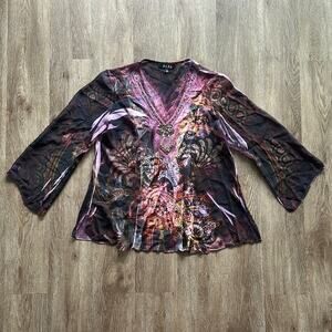 B.L.E.U Vintage Y2K Flowy Long Sleeve Top‎ Size Large Printed